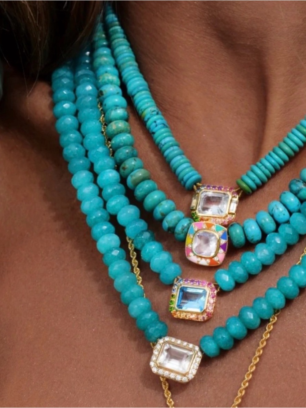 Turquoise Beaded Necklace with Center Crystal Pendant - Picture 4 of 6